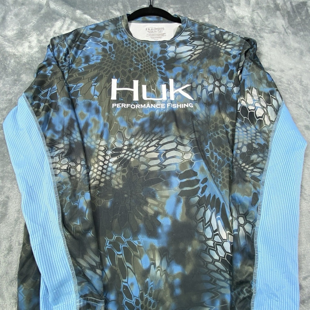 Huk‎ Fishing Performance Shirt Mens M Blue Kryptek Neptune Mesh Snakeskin Print